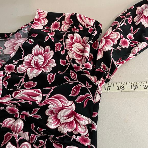 Pink Floral Front Twist Midi Stretch Textured Dress Romantic 90s Career Wear - Picture 9 of 12